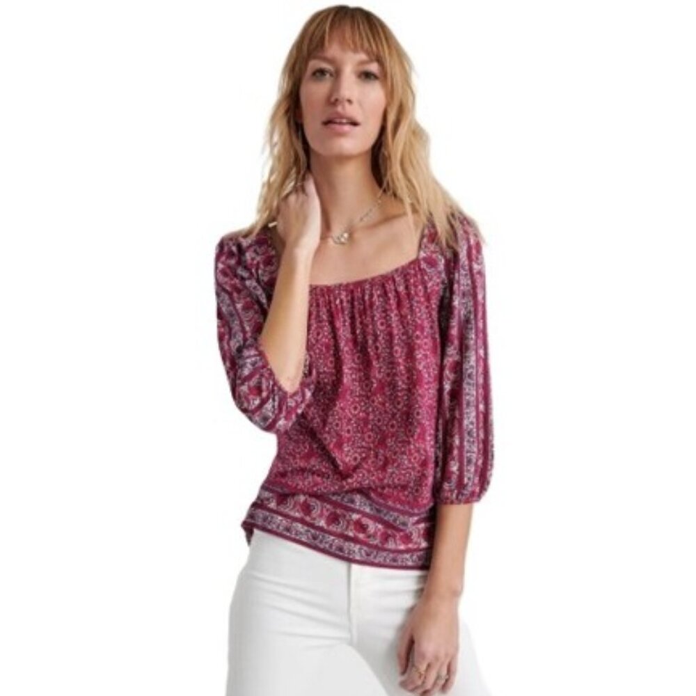 Lucky Brand Square Neck Border Print Peasant Top XL